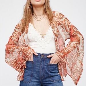 Free People One Fleur De Lis Sheer Metallic Kimono Orange & Gold Size Small